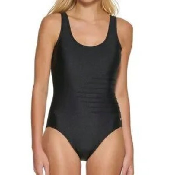 Calvin Klein Scoop Back Pleated One PC Swimsuit Women's Size 10 Black Shimmer - Picture 1 of 2